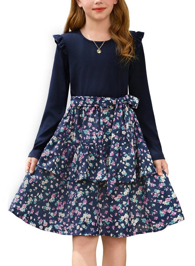 GRACE KARIN Girls Long Sleeve Fall Dresses Solid Ruffle Floral Tiered Midi Dress with Belt for 6-13 Years Kids, Navy Floral, 6 Years - Image 1