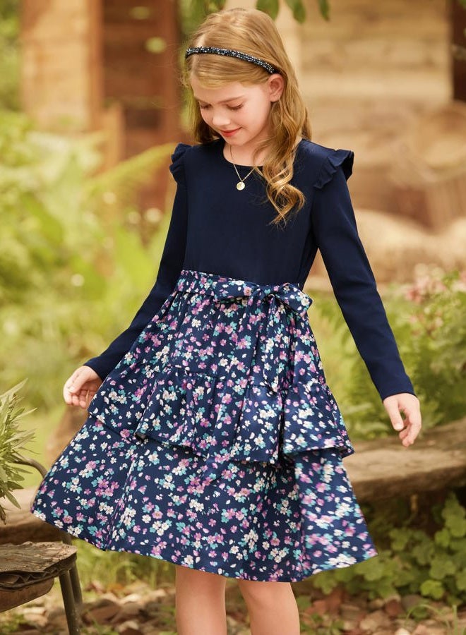 GRACE KARIN Girls Long Sleeve Fall Dresses Solid Ruffle Floral Tiered Midi Dress with Belt for 6-13 Years Kids, Navy Floral, 6 Years - Image 4