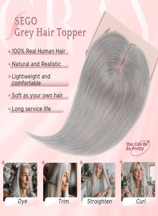 SEGO Grey Hair Toppers for Women Real Human Hair No Bangs, 7 * 13 CM Silk Base Clip In Topper Wiglet, Top Pieces for Women with Thinning Hair -6 Inch G1 Silver Grey - Image 2