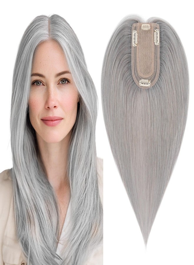 SEGO Grey Hair Toppers for Women Real Human Hair No Bangs, 7 * 13 CM Silk Base Clip In Topper Wiglet, Top Pieces for Women with Thinning Hair -6 Inch G1 Silver Grey - Image 1