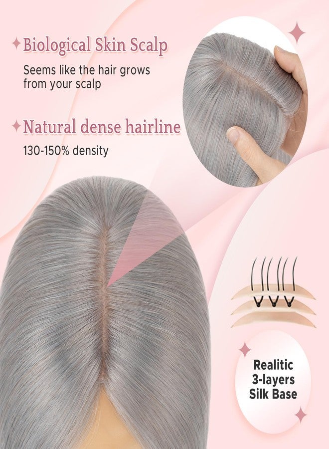 SEGO Grey Hair Toppers for Women Real Human Hair No Bangs, 7 * 13 CM Silk Base Clip In Topper Wiglet, Top Pieces for Women with Thinning Hair -6 Inch G1 Silver Grey - Image 3