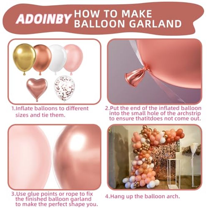 ADOINBY Rose Gold Balloons Arch Kit, 140Pcs Metalic Rose Gold Metallic Gold White Pink with Confetti Balloons for Bridal Shower Baby Shower Bachelorette Birthday Wedding Girl Anniversary Decorations - Image 3