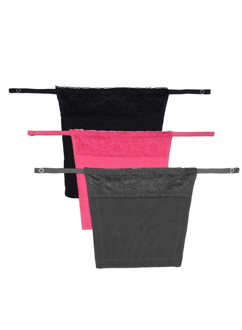 Glamroot Women's Cotton Camisole Cleavage Cover Clip-on Mock Lace Camisecret - Set of 3 (Black, Pink, Dark Grey) - Image 1