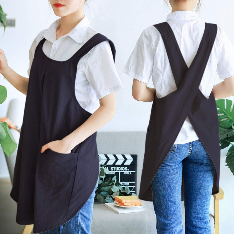 NEWGEM Japanese Linen Cross Back Kitchen Cooking Aprons for Men with Pockets for Baking Painting Gardening Cleaning Black - Image 3