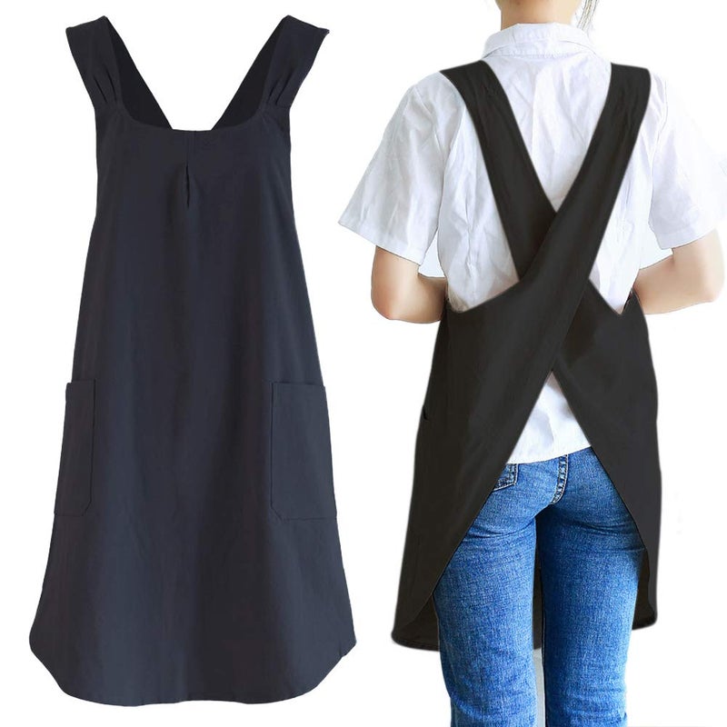 NEWGEM Japanese Linen Cross Back Kitchen Cooking Aprons for Men with Pockets for Baking Painting Gardening Cleaning Black - Image 1