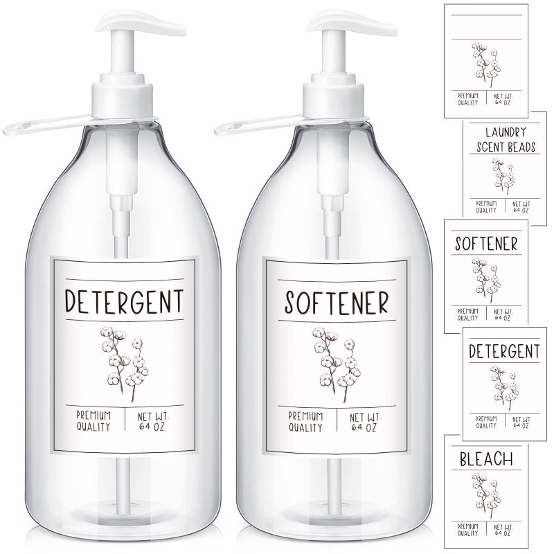 Sawysine Sawysine 2 Pcs Laundry Soap Dispenser 64 oz Liquid Laundry Detergent Dispenser Plastic Laundry Detergent Container Fabric Softener Dispenser with Pumps Caps and 45 Laundry Labels 
