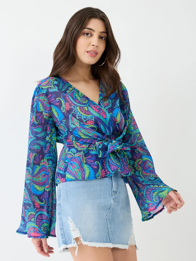 globus Women Blue Georgette Paisley Print V-Neck Wrap Waist Tie-up Flared Sleeves Peplum Top