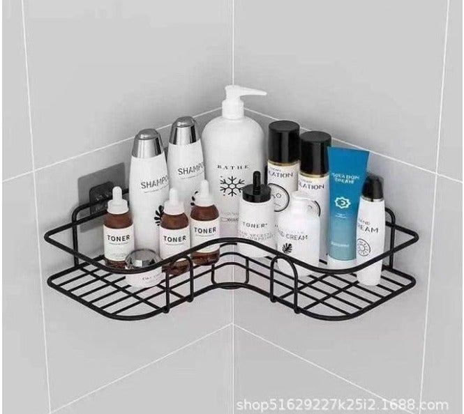Stainless steel bathroom shelf—organizer and holder for bathtub accessories; a fixed, colorful wall-mounted storage rack/basket (includes two adhesive strips). Product color: Black. - Image 1