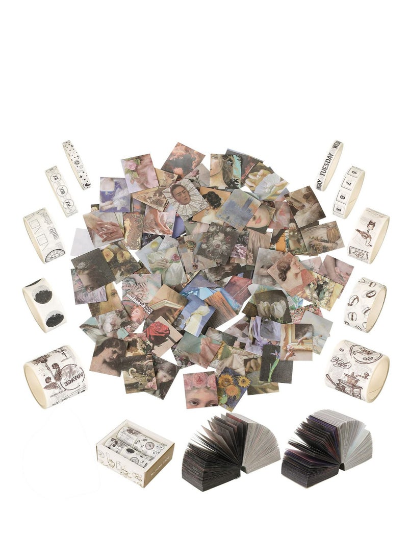 Captaintech Scrapbook Paper, Vintage DIY Diary Decorative Antique Scrapbooking Magazine Decorative Paper Stamps 800 Pieces of Scrapbooking and 10 Rolls of Stickers and 1 Craft Scissors for Notebook Scrapbooking - Image 1