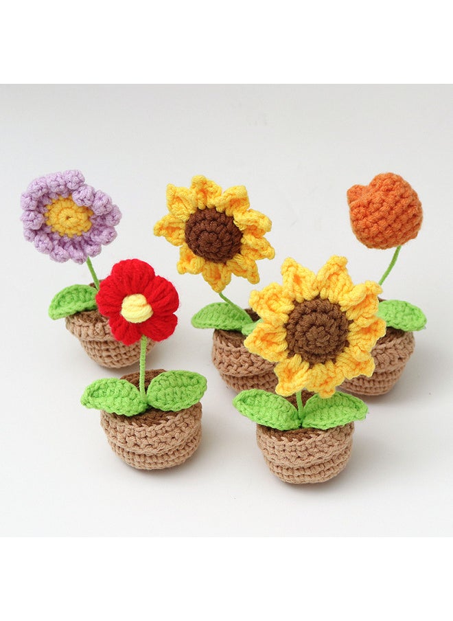 Generic Wool Finished Small Potted Crocheted Artificial Flower Decorative Creative Gift Ornaments Cute Pea Sagittarius Rabbit Ornaments-Color:Tulip Light Flesh Pink Light Army Green Leaf Dark Coffee Pot Cute Four  - Image 5