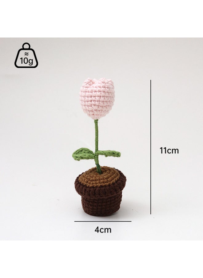 Generic Wool Finished Small Potted Crocheted Artificial Flower Decorative Creative Gift Ornaments Cute Pea Sagittarius Rabbit Ornaments-Color:Tulip Light Flesh Pink Light Army Green Leaf Dark Coffee Pot Cute Four  - Image 1