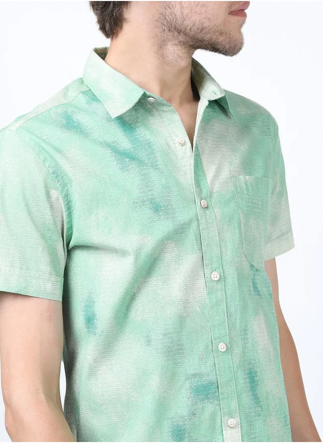 HIGHLANDER Textured Tie Dye Print Shirt with Short Sleeves by Styli