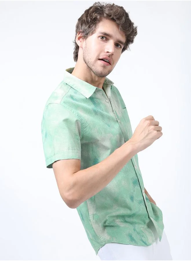 HIGHLANDER Textured Tie Dye Print Shirt with Short Sleeves by Styli