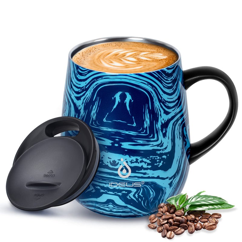 Ideus 16 oz Insulated Coffee Mug with Handle and Lid Double Wall Stainless Steel Vacuum Thermal Coffee Mug Travel Coffee Cup Thermal Cup for Home and Office Blue Zebra