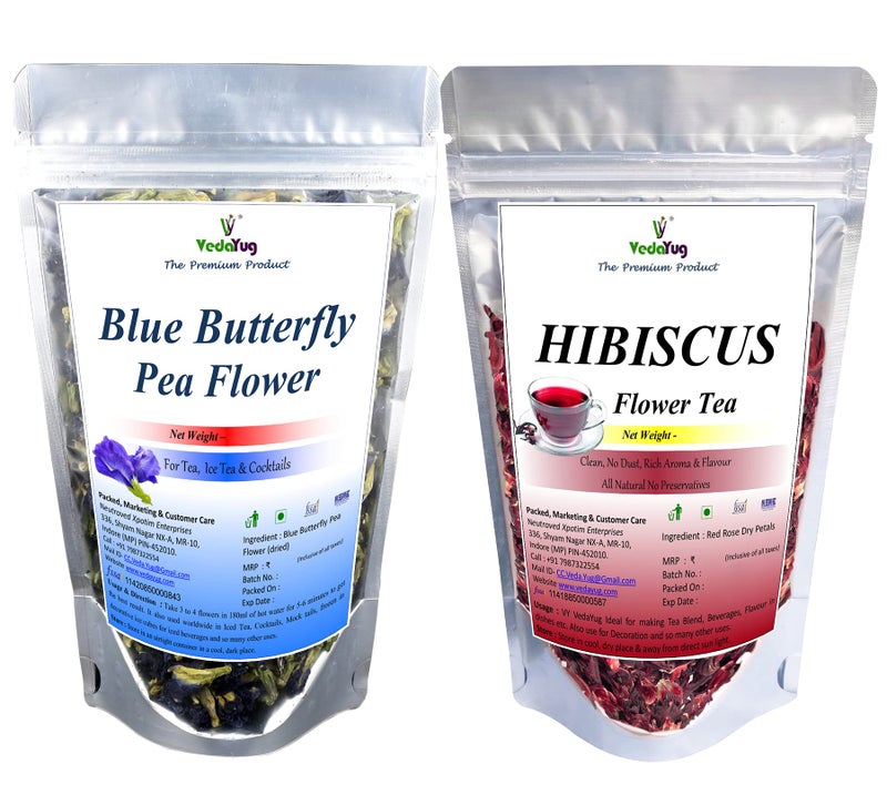 VY VedaYug Herbal Tea Combo Pack | Blue Butterfly Pea Flower 20g & Hibiscus Flower 30g | Caffeine Free Herbal Tea | Total Weight 50g - Image 1