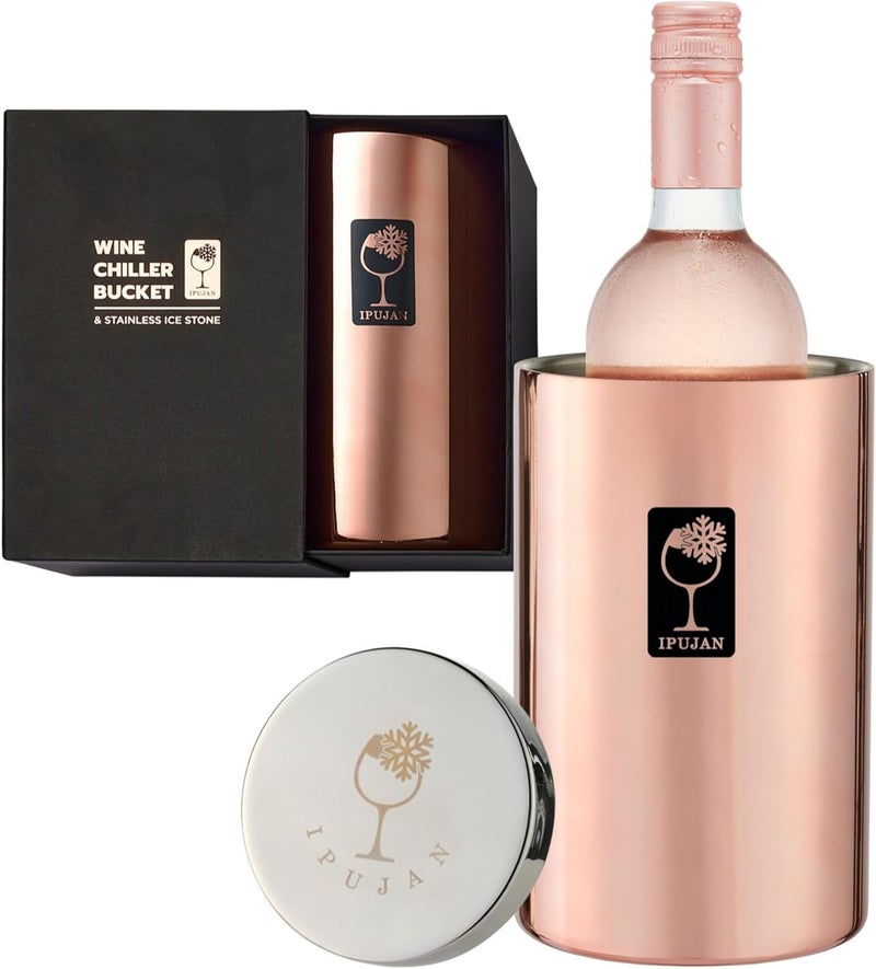 IPUJAN Wine Chiller Bucket with Stainless Ice Stone - Wine Gifts Set of 750ml wine ice bucket cool up to 5 hours - Insulated double walled champange bucket for single bottle(Rose Gold) - Image 1