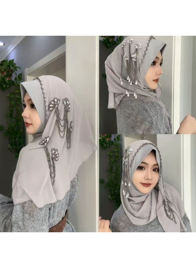 Floral Beaded Tassel Hijab Scarf for Women, One Size, Elegant Fashion Headscarf for Daily Wear, Gatherings and Special Occasions - Image 2