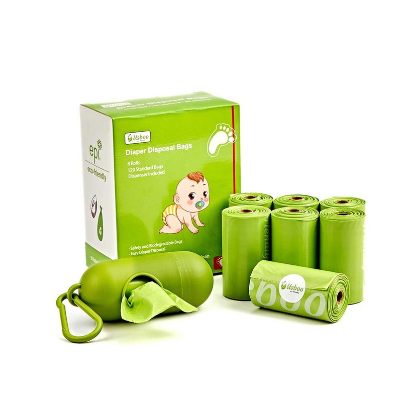 USBOO Baby Disposable Diaper Bags, Waste Bags 8 Refill Rolls/120 Bags with Dispenser, Convenient and Quick Diaper Disposal, Unscented - Image 1