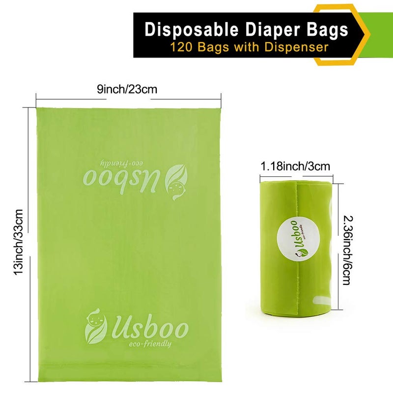 USBOO Baby Disposable Diaper Bags, Waste Bags 8 Refill Rolls/120 Bags with Dispenser, Convenient and Quick Diaper Disposal, Unscented - Image 2