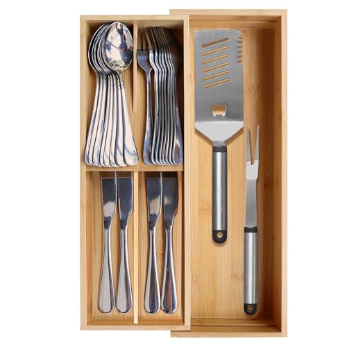 guiogc Expandable Bamboo Kitchen Drawer Organizer - Silverware Organizer - Utensil Holder and Cutlery Tray for Flatware Organizers and Kitchen Utensils - Image 4