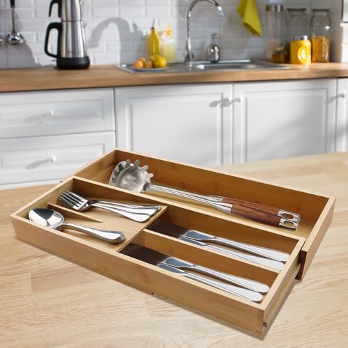 guiogc Expandable Bamboo Kitchen Drawer Organizer - Silverware Organizer - Utensil Holder and Cutlery Tray for Flatware Organizers and Kitchen Utensils - Image 5