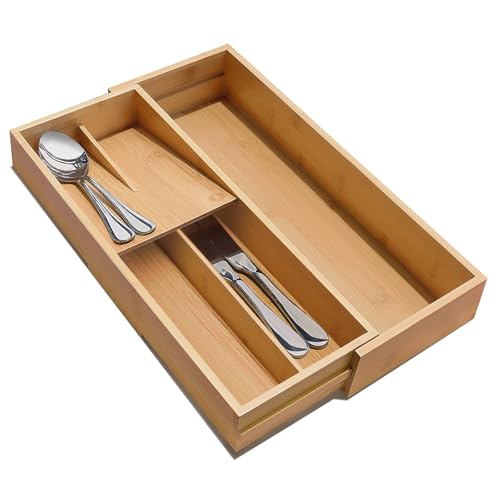 guiogc Expandable Bamboo Kitchen Drawer Organizer - Silverware Organizer - Utensil Holder and Cutlery Tray for Flatware Organizers and Kitchen Utensils - Image 1