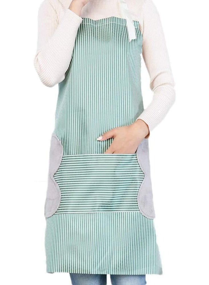 Green Unisex Striped Waterproof Adjustable Kitchen Apron with Hand Wiping Pockets for Cooking and Baking - Image 2