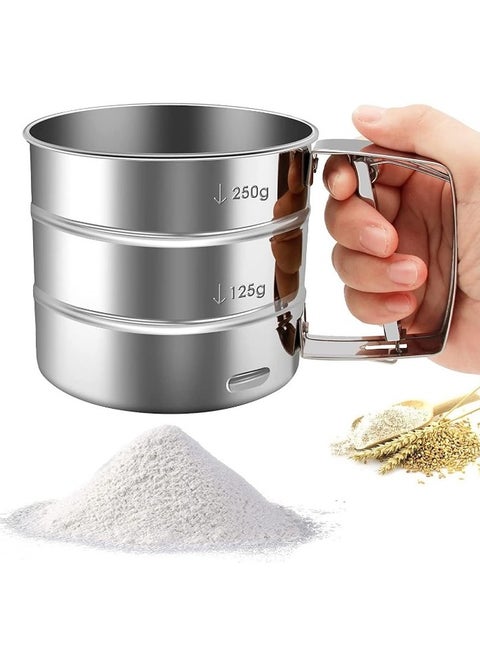 "Stainless Steel Flour Sifter with Measurement for Sugar and Flour, Fine Mesh Strainers for Food with Handle, Double Layer Bread Sifter, One-Handed Crank Pressure Sifter, Flour Sifter for Baking, Round Fine Mesh Strainers, One-Handed Pressure Design from Stainless Steel, Multi-Purpose Fine Mesh Strainers, Large Capacity Flour Sifter Cup for Baking and Kitchen."