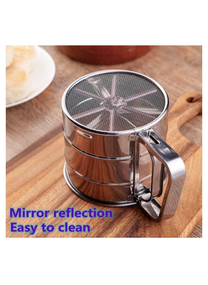 Generic - "Stainless Steel Flour Sifter with Measurement for Sugar and Flour, Fine Mesh Strainers for Food with Handle, Double Layer Bread Sifter, One-Handed Crank Pressure Sifter, Flour Sifter for Baking, Round Fine Mesh Strainers, One-Handed Pressure Design from Stainless Steel, Multi-Purpose Fine Mesh Strainers, Large Capacity Flour Sifter Cup for Baking and Kitchen." - Image 1