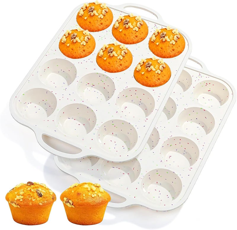 Fimary Silicone Muffin Pans for Baking 2 Pack, 2.8 Inch with Metal Reinforced Frame, Regular Size Nonstick Silicone Cupcake Pan 12 Cups for Baking Homemade Muffins, Cupcakes, Dishwasher Safe BPA Free - Image 1