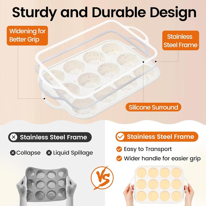 Fimary Silicone Muffin Pans for Baking 2 Pack, 2.8 Inch with Metal Reinforced Frame, Regular Size Nonstick Silicone Cupcake Pan 12 Cups for Baking Homemade Muffins, Cupcakes, Dishwasher Safe BPA Free - Image 4