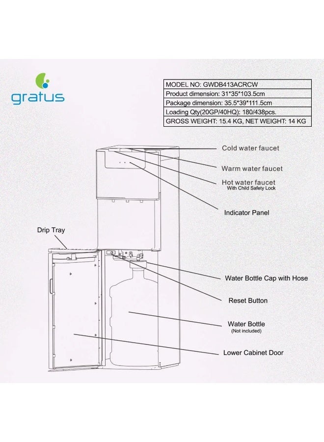 Gratus 3 Taps Bottom Loading Free Standing Hot & Cold Water Dispenser Black Model – B4133EX. - Image 3