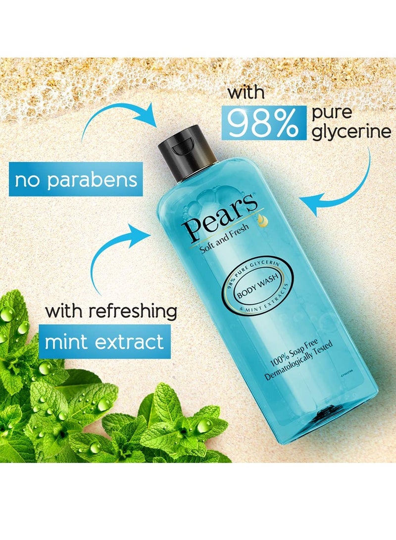 Pears Soft and Fresh Body Wash 250 ml 98% Pure Glycerin Liquid Shower Gel crafted with Mint Extracts for Refreshed Skin No Paraben 100% Soap Free