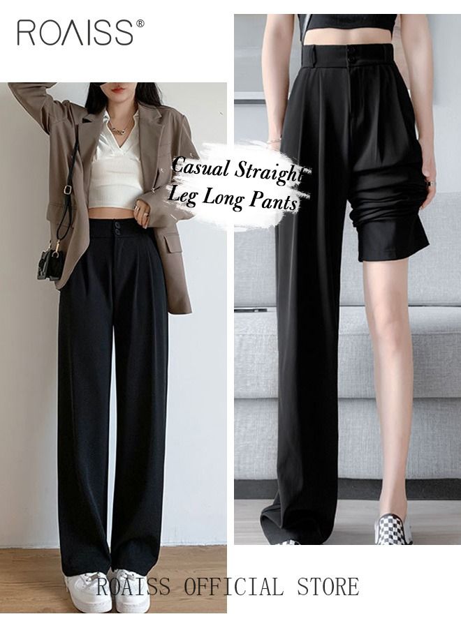 roaiss Women’s Wide Leg Trousers Pants High Waisted Two Button Design Business Work Office Casual Straight Leg Long Pants for Ladies Daily Wear Spring Summer Autumn Clothes - Image 4