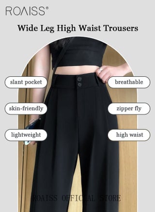 Women’s Wide Leg Trousers Pants High Waisted Two Button Design Business Work Office Casual Straight Leg Long Pants for Ladies Daily Wear Spring Summer Autumn Clothes - view 5