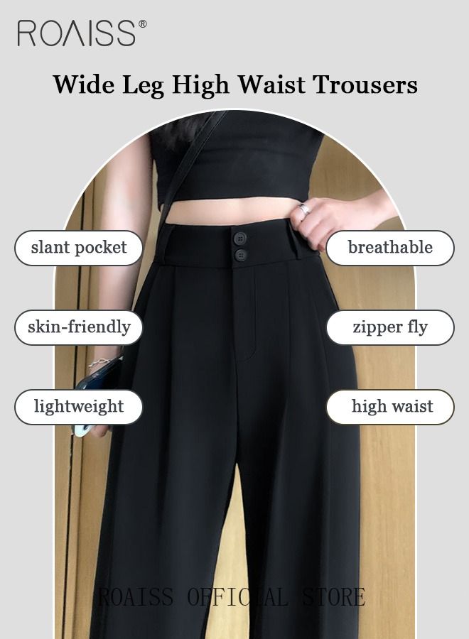 roaiss Women’s Wide Leg Trousers Pants High Waisted Two Button Design Business Work Office Casual Straight Leg Long Pants for Ladies Daily Wear Spring Summer Autumn Clothes - Image 5