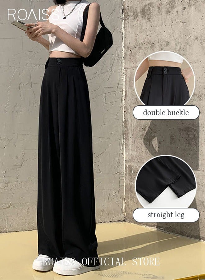 roaiss Women’s Wide Leg Trousers Pants High Waisted Two Button Design Business Work Office Casual Straight Leg Long Pants for Ladies Daily Wear Spring Summer Autumn Clothes - Image 1