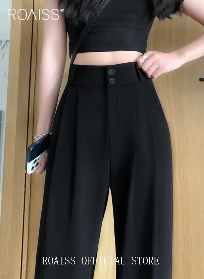 roaiss Women’s Wide Leg Trousers Pants High Waisted Two Button Design Business Work Office Casual Straight Leg Long Pants for Ladies Daily Wear Spring Summer Autumn Clothes - Image 3