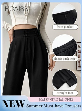 Women’s Wide Leg Trousers Pants High Waisted Two Button Design Business Work Office Casual Straight Leg Long Pants for Ladies Daily Wear Spring Summer Autumn Clothes - view 2