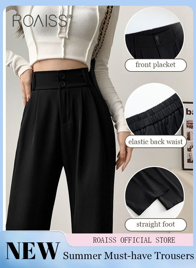 roaiss Women’s Wide Leg Trousers Pants High Waisted Two Button Design Business Work Office Casual Straight Leg Long Pants for Ladies Daily Wear Spring Summer Autumn Clothes - Image 2