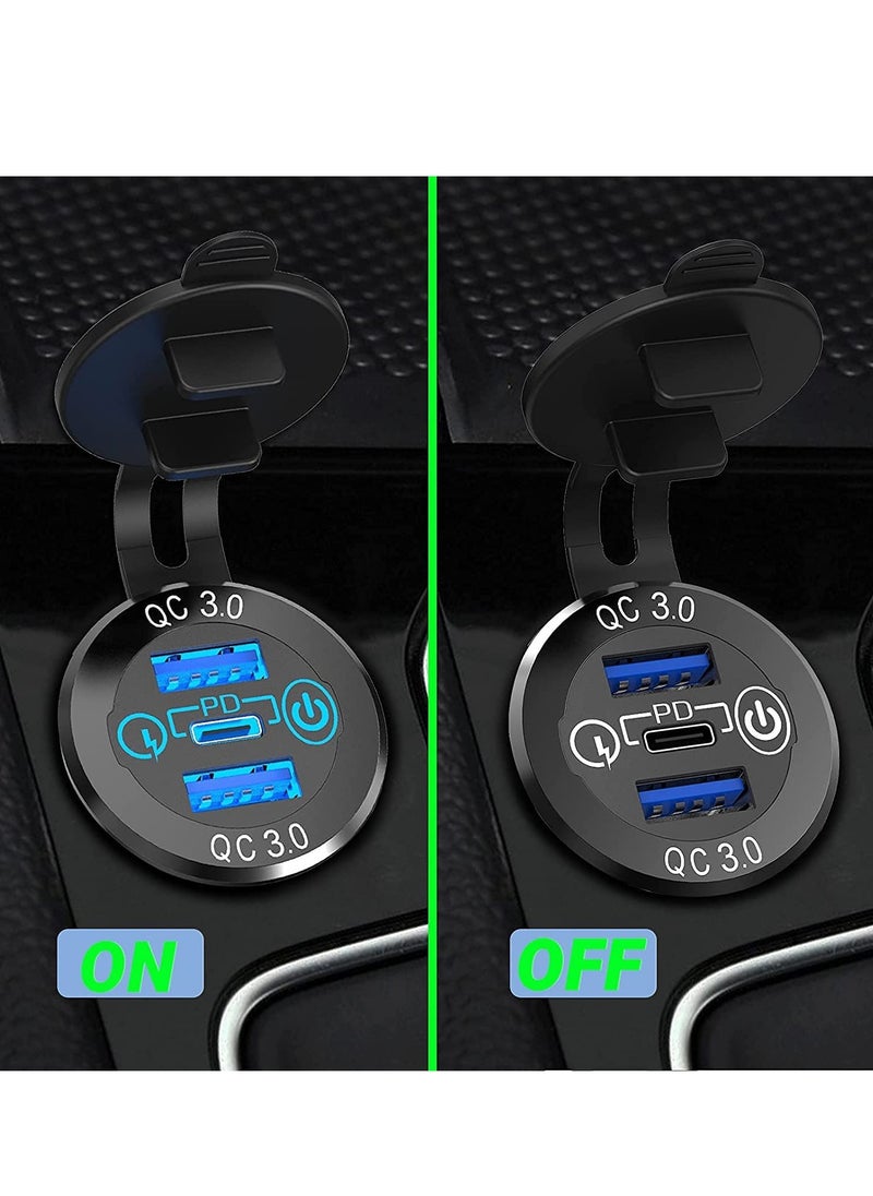 Generic - Car Charger Socket, 12V/24V Triple USB Outlet 20W PD & 18W QC3.0 Aluminum Metal with Touch Power Switch, Fast Charge Adapter for Boat Marine RV Golf Cart Motorcycle - Image 1
