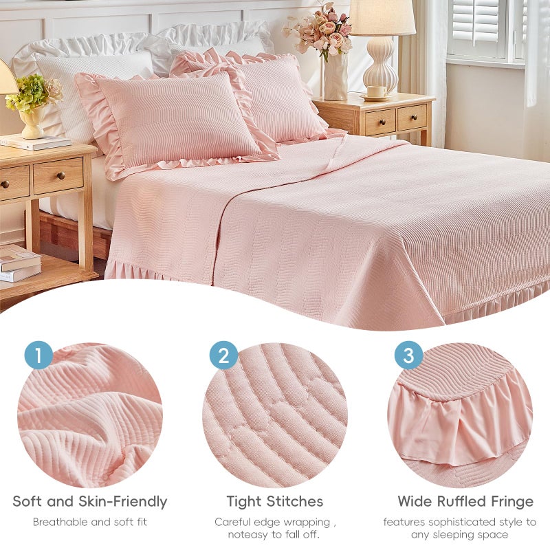 Flysheep 3 Pieces Blush Pink Quilt Set Queen Size, Wide Ruffled Fringe Lightweight Bedspread Bedding Set for All Season (1 Quilt + 2 Shams) - Image 2