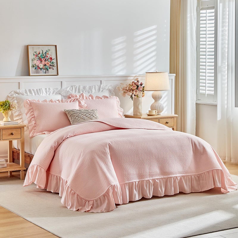 Flysheep 3 Pieces Blush Pink Quilt Set Queen Size, Wide Ruffled Fringe Lightweight Bedspread Bedding Set for All Season (1 Quilt + 2 Shams) - Image 1