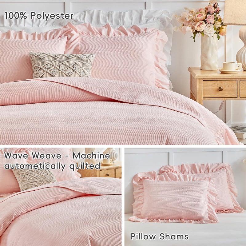 Flysheep 3 Pieces Blush Pink Quilt Set Queen Size, Wide Ruffled Fringe Lightweight Bedspread Bedding Set for All Season (1 Quilt + 2 Shams) - Image 4