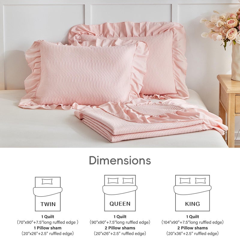 Flysheep 3 Pieces Blush Pink Quilt Set Queen Size, Wide Ruffled Fringe Lightweight Bedspread Bedding Set for All Season (1 Quilt + 2 Shams) - Image 5