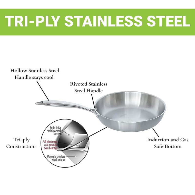 Femora Stainless Steel Flat Fry Pan, Bonded Tri-Ply Bottom with Steel Handle, 20 cm,Silver, Zero Coating, Health Safe - Image 5