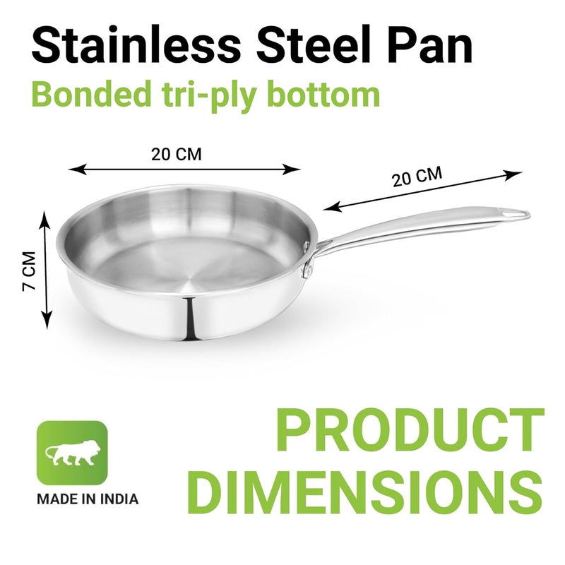 Femora Stainless Steel Flat Fry Pan, Bonded Tri-Ply Bottom with Steel Handle, 20 cm,Silver, Zero Coating, Health Safe - Image 2