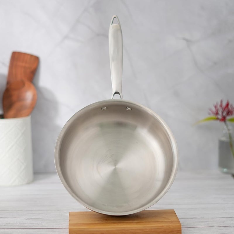Femora Stainless Steel Flat Fry Pan, Bonded Tri-Ply Bottom with Steel Handle, 20 cm,Silver, Zero Coating, Health Safe - Image 1