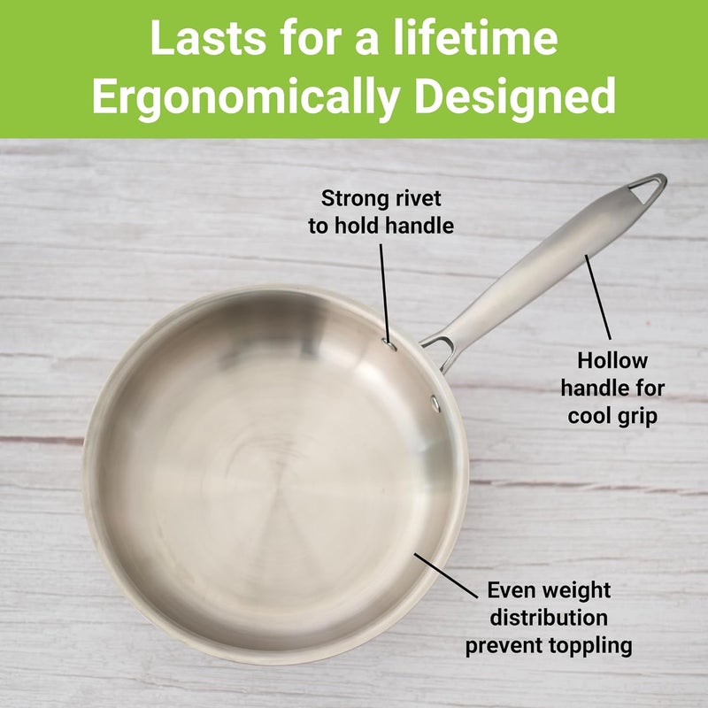 Femora Stainless Steel Flat Fry Pan, Bonded Tri-Ply Bottom with Steel Handle, 20 cm,Silver, Zero Coating, Health Safe - Image 4