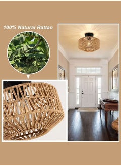 EzzySo Rattan Chandelier Fixtures Pendant Lamp, Boho Ceiling Light Fixture with Dimmable Led Bulb, Hand Woven Rattan Chandelier Light Fixtures Flush Mount for Hallway Bedroom Living Room Kitchen Entryway  - Image 3